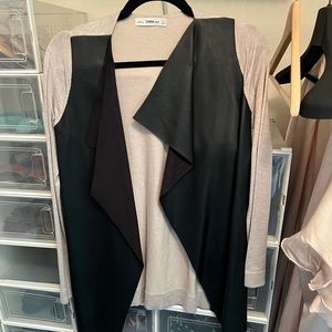 Zara open front cardigan with leather like front